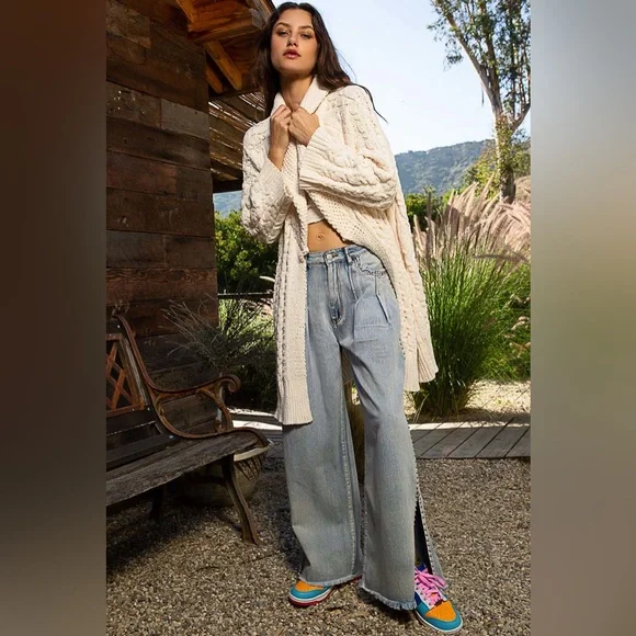 #288 New! Pol Long Soft Cozy Cardigan Sweater Coat with Crochet Patch - Picture 4 of 4